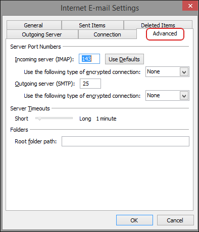 Outlook - Add Account - More Settings - Advanced tab