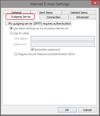 Outlook - Add Account - More Settings - Outgoing Server tab