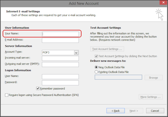 Outlook - Add Account - User Information - Your Name