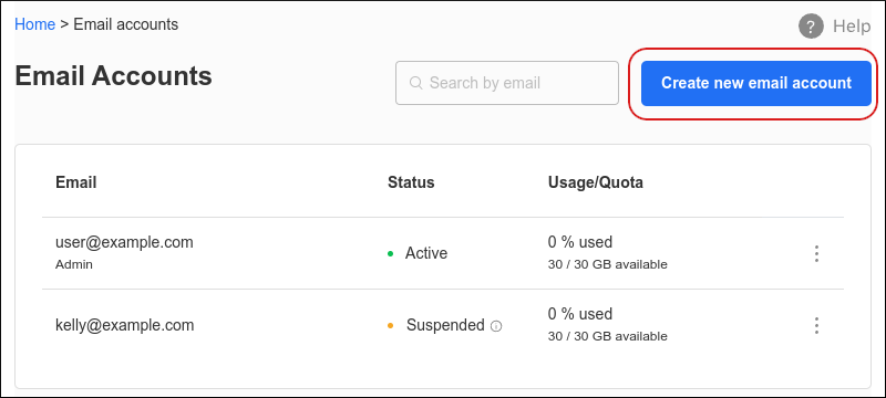 Hosting Panel - Email accounts - Create email account
