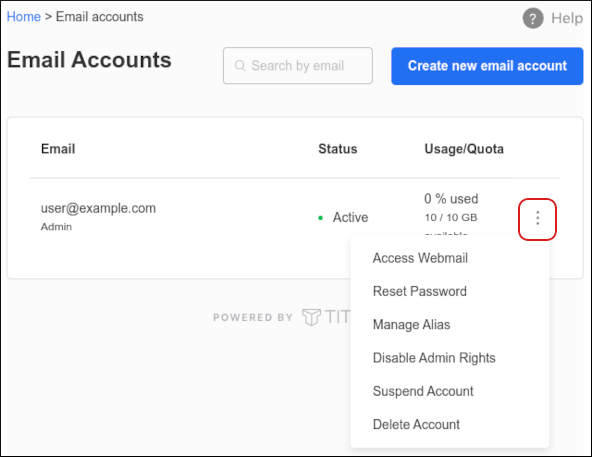 Hosting Panel - Email Accounts - options