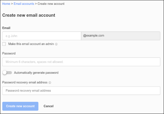 Hosting Panel - Email accounts - Create email account - configuration